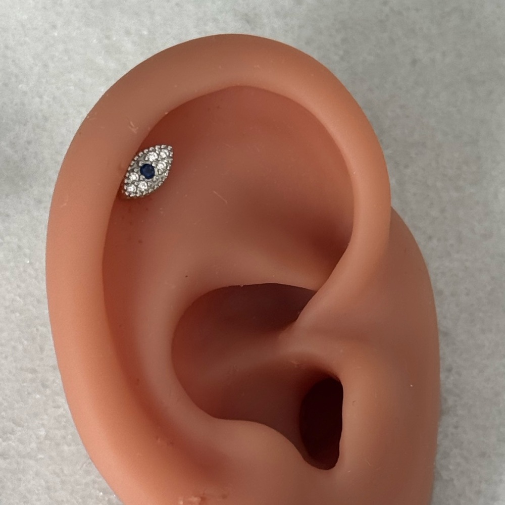 Silver CZ Evil Eye Cartilage Stud Earring with Blue Center